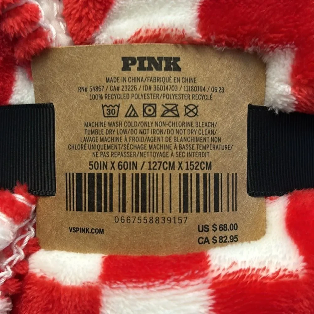 PINK Victoria’s Secret Cozy Plush Blanket Red White Hearts Check 50x60 NWT